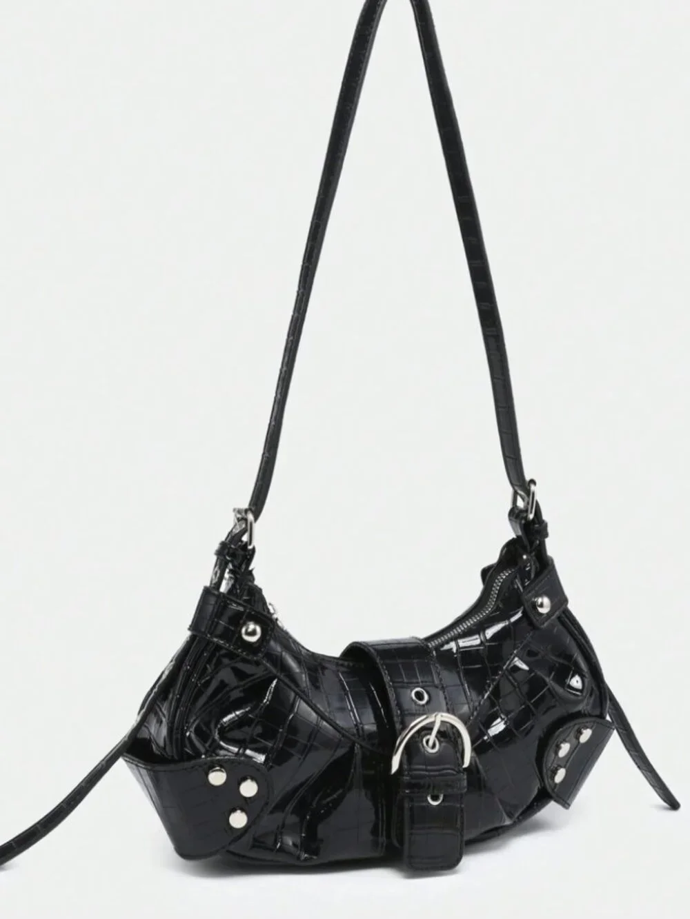 Black Studded Baguette Bag Y2K Punk Vegan Leather Zip Shoulder Purse
